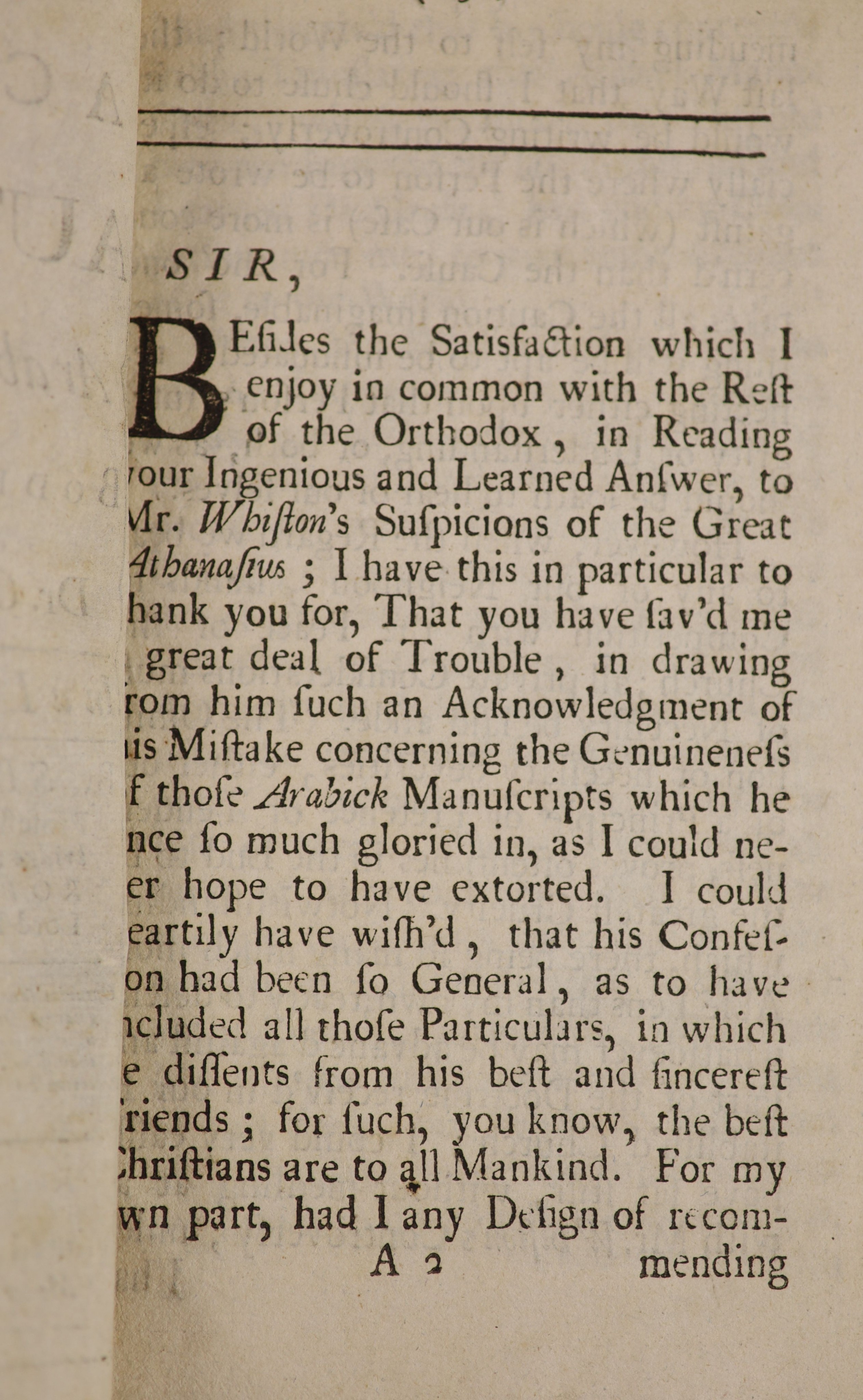 Ockley, Simon. An Account of the Authority of the Arabick Manuscripts in the Bodleian Library, controverted by Dr. Grabe and Mr. Whiston …